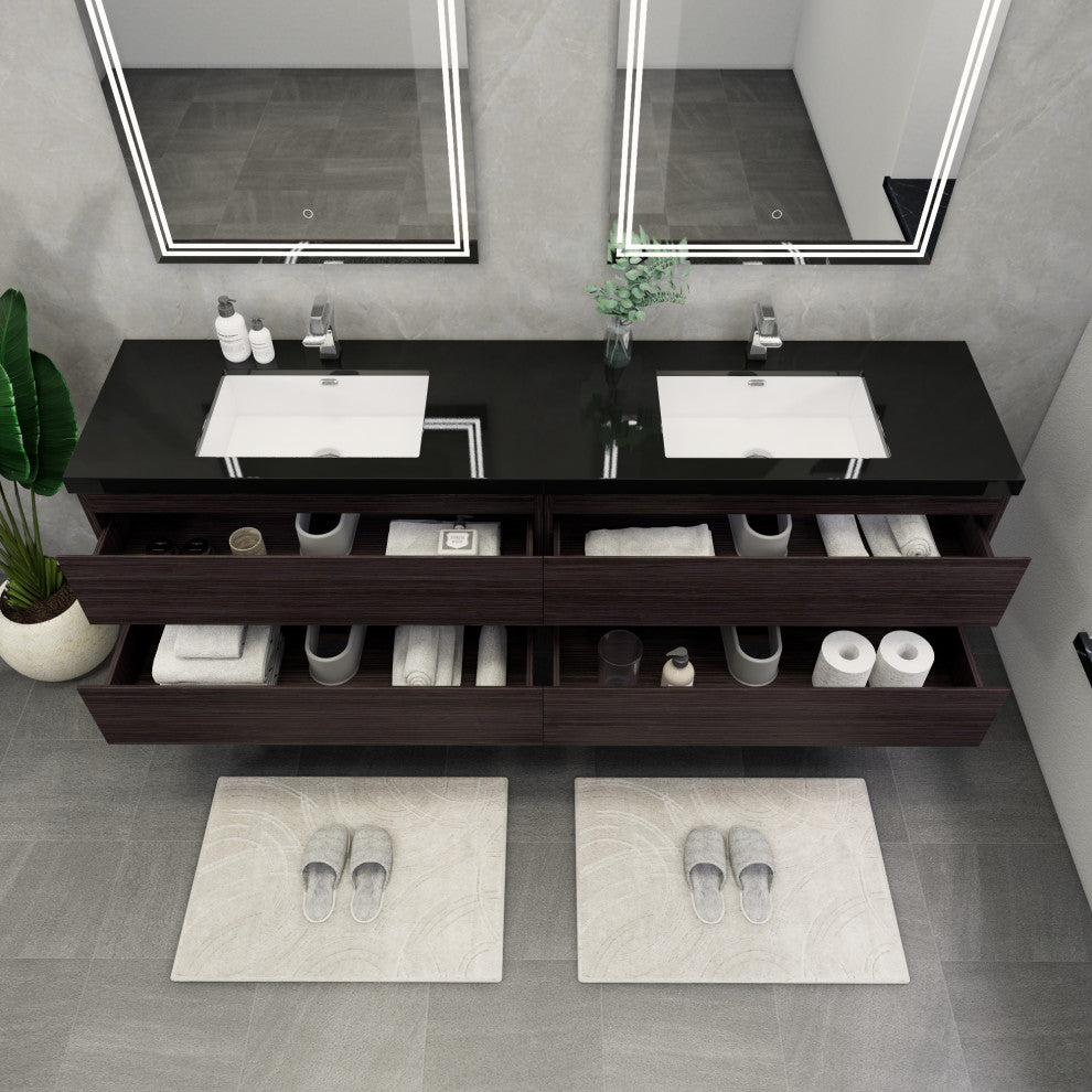 Belli 84" Double Sink Wall Mount Vanity Set, Dark Gray Oak, Matt Black Top