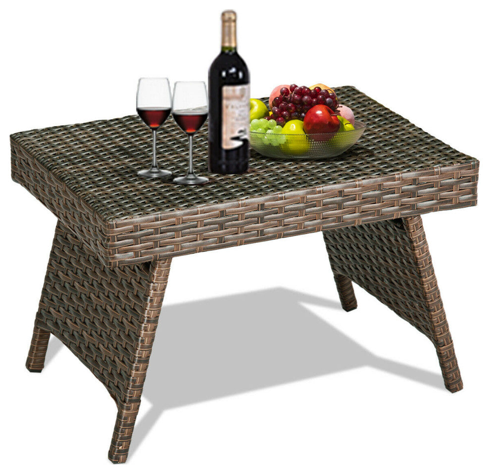 Costway Mix Brown Folding Rattan Side Coffee Table Garden Outdoor Furniture