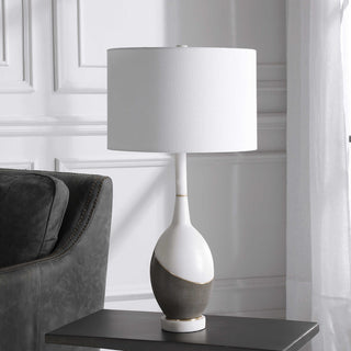 Luxe Gray White Gold Geometric Table Lamp Round Ovoid Shape Faux Marble Concrete