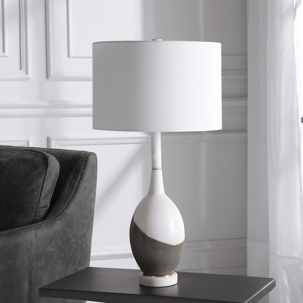 Luxe Gray White Gold Geometric Table Lamp Round Ovoid Shape Faux Marble Concrete