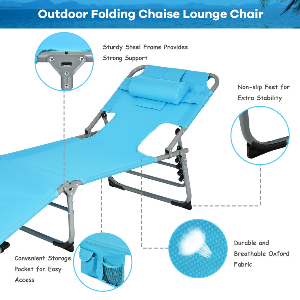 Goplus Outdoor Beach Lounge Chair Folding Chaise Lounge with Pillow Turquoise