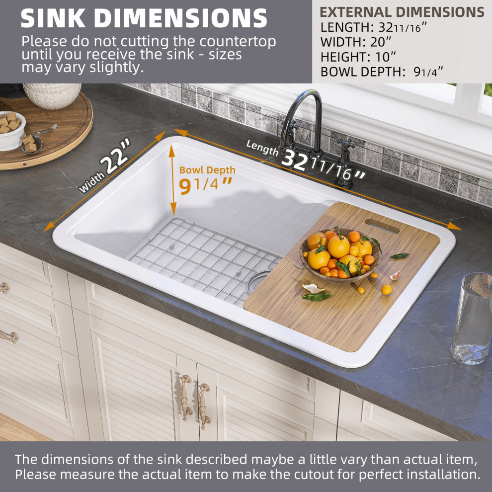 33"Lx22"W Drop-in/Undermount Farmhouse Fireclay Kitchen Sink With Accessories
