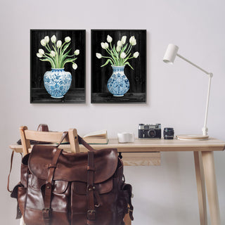 White Tulips Chinese Ceramic Urn Patterned Porcelain, 2pc, each 16 x 20