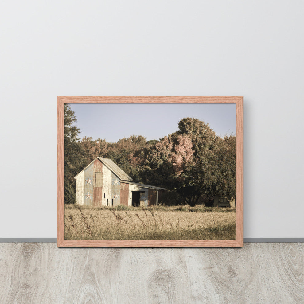 Patriotic Barn in Field Aged Effect Framed Photo Paper Wall Art Prints, Red Oak, 16" X 20"