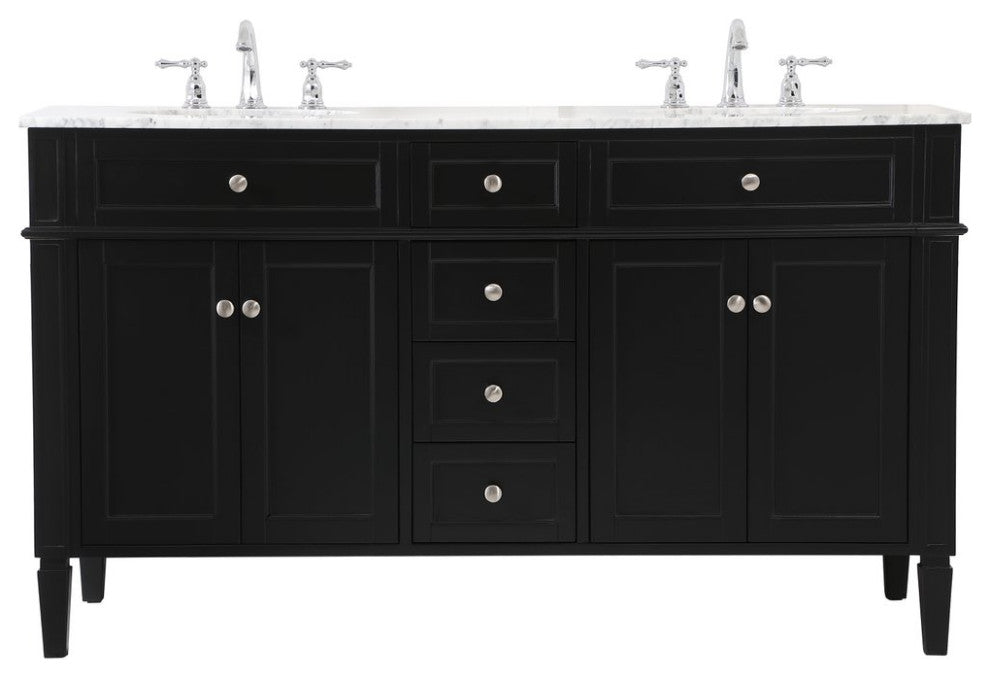 Home Living Vanity with Carrara White Marble Countertop, Black, 60", Double Sink