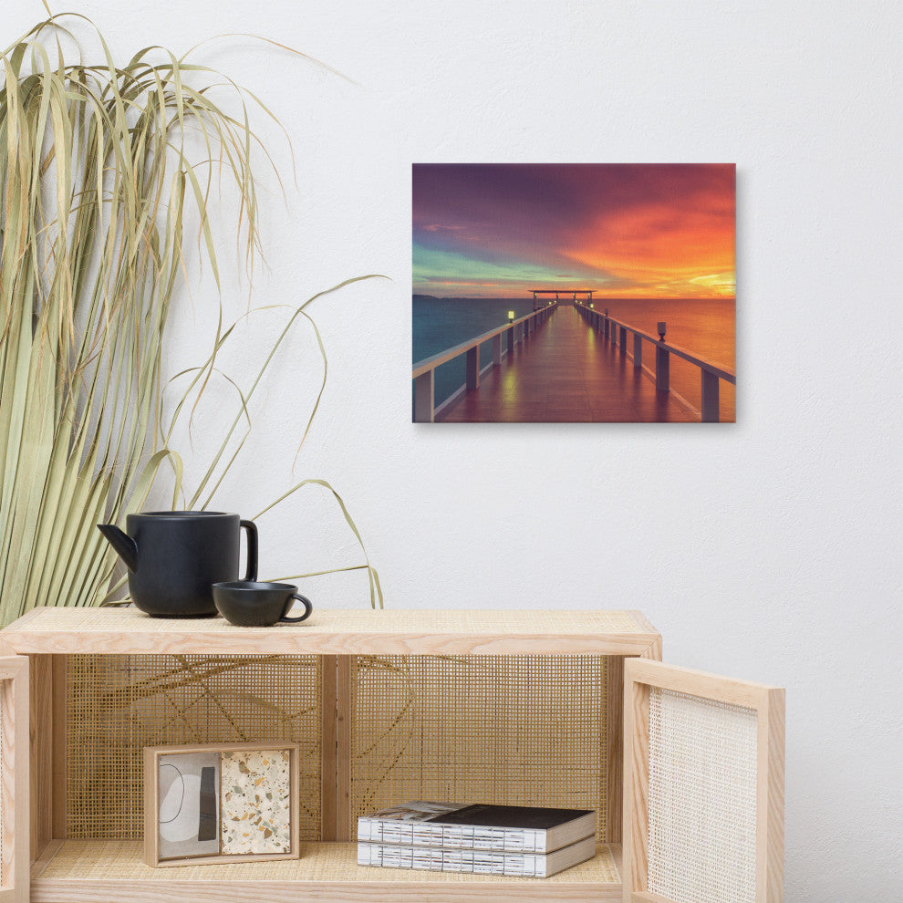 Surreal Wooden Pier At Sunset Intrigued Landscape Photo Canvas Art Print, 16" X 20"