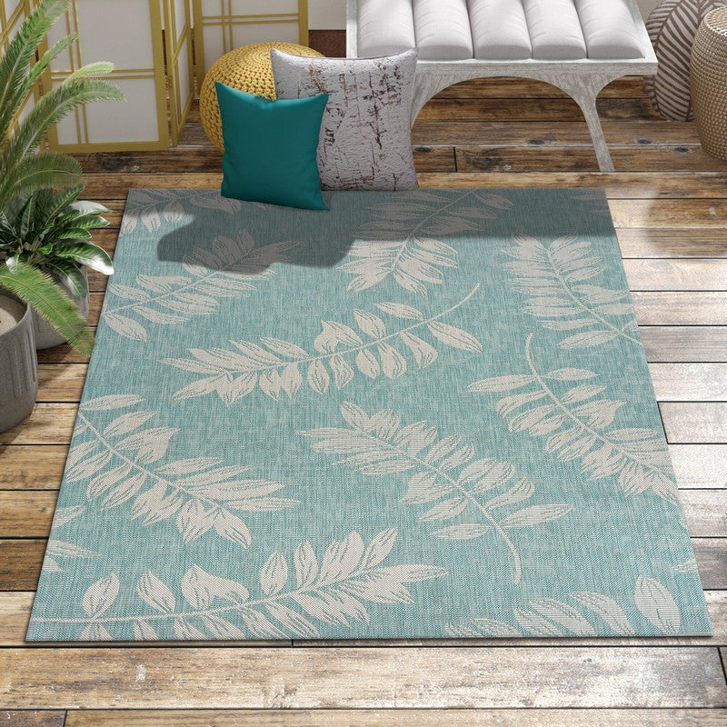 5" x 7" Teal and Ash Sprigs Indoor Outdoor Area Rug