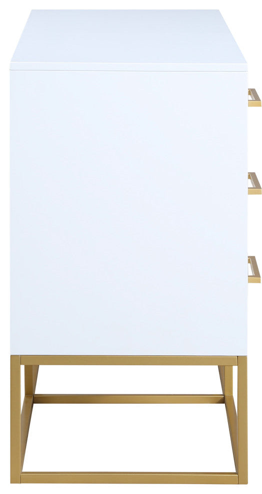 Maxine Wood Dresser With Durable Brushed Gold Metal Base, Rich White Finish