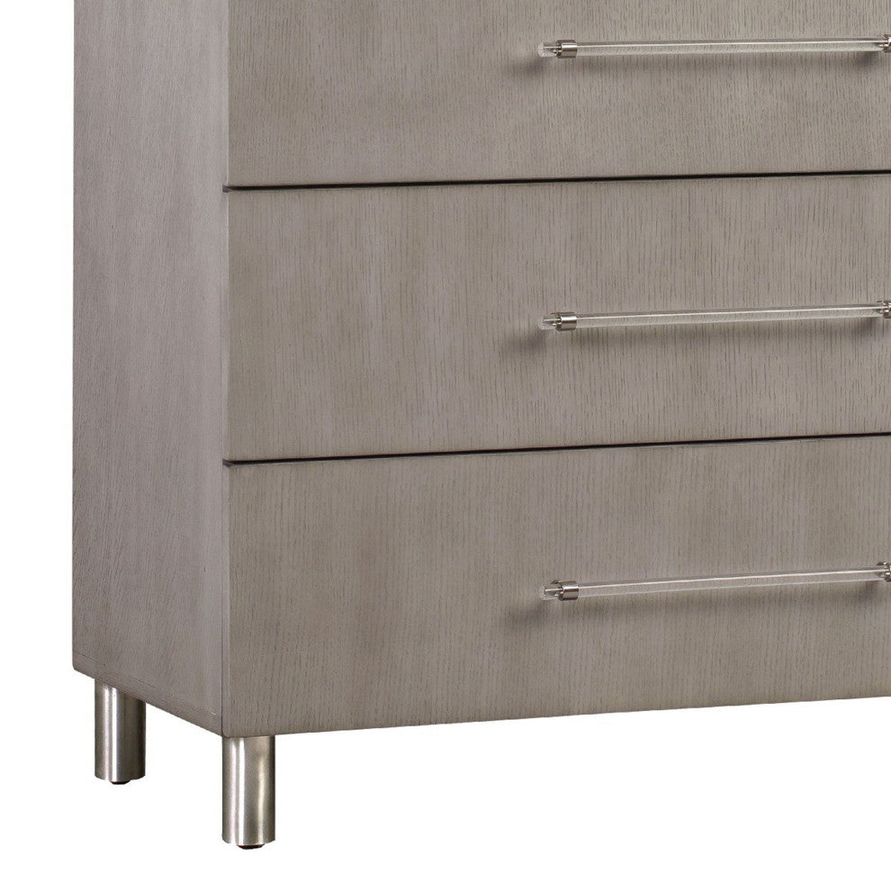 Benzara BM273045 54" Wood 5 Drawer Tall Chest Dresser With Clear Handles, Gray
