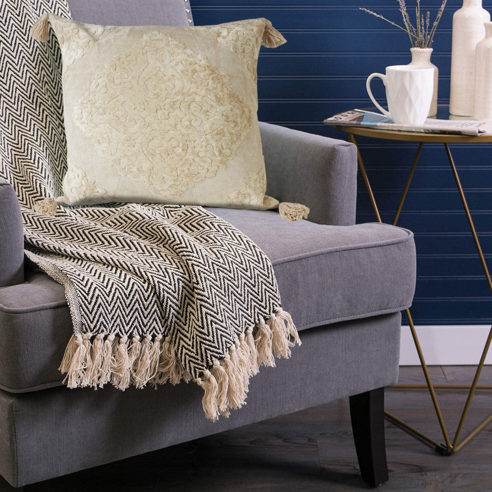 Beige Traditional Textured Medallion Throw Pillow, 20" X 20"