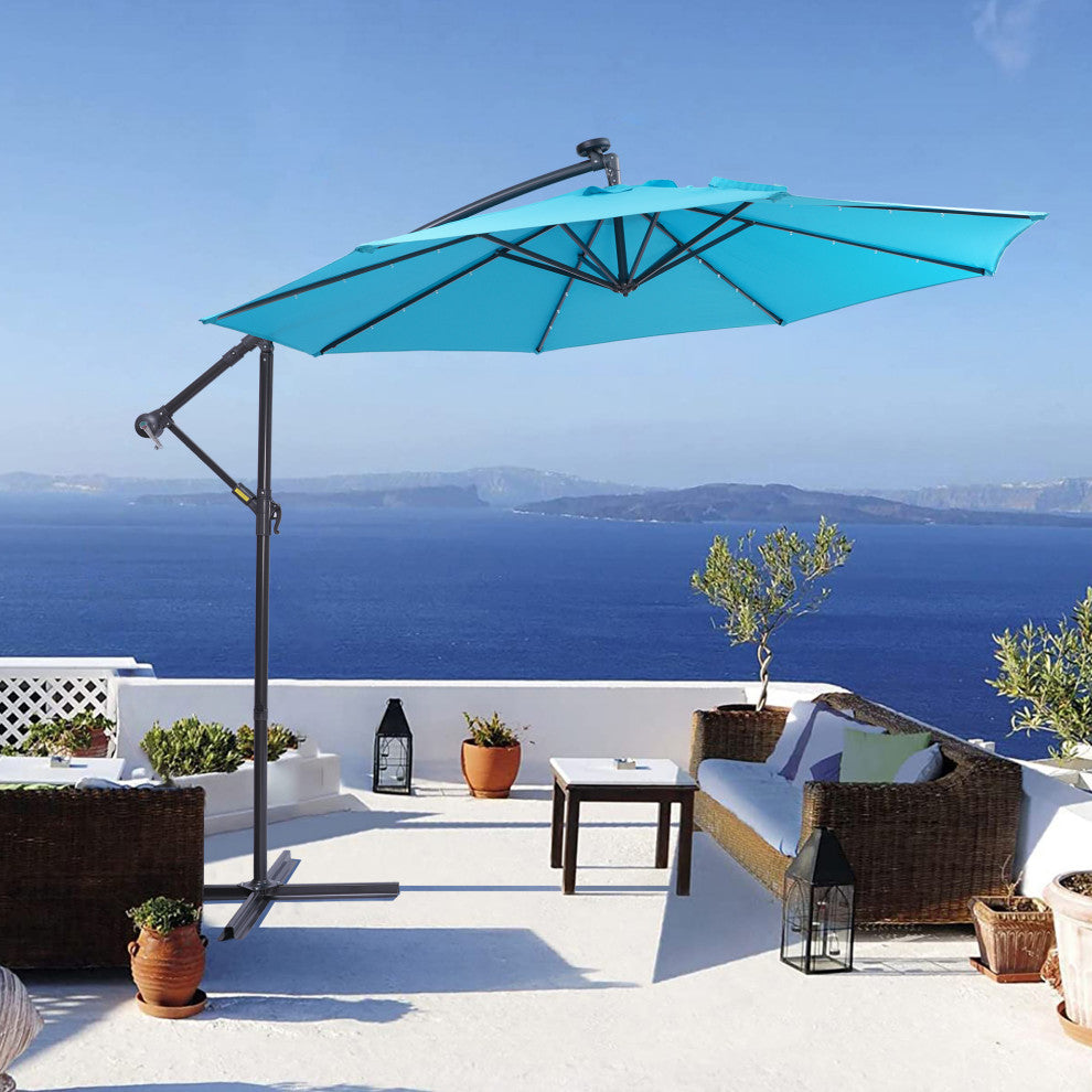 10' Steel Patio Hanging Cantilever Umbrella With 32 Solar LED Lights, Blue