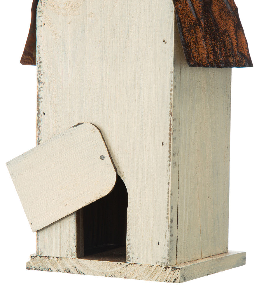 Washed White Distressed Solid Wood Birdhouse