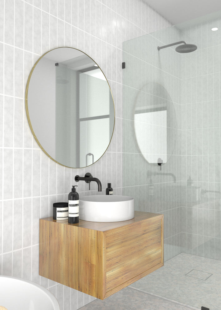Round Black 32" Stainless Steel Framed Mirror, Satin Brass