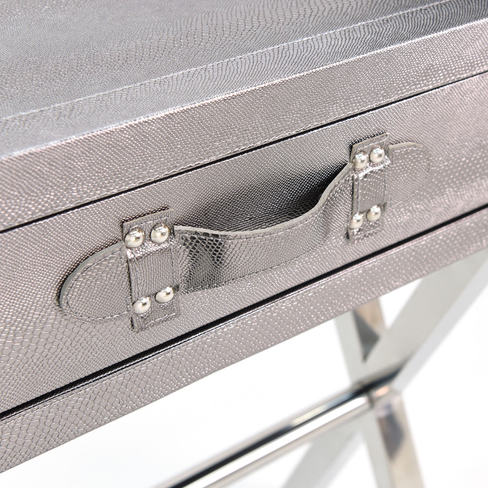 Silver Lizard Leather Console Table With Stainless Steel Legs
