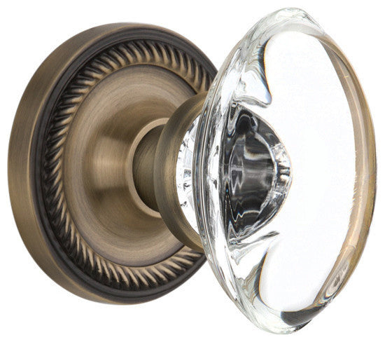 Rope Rosette Interior Mortise Oval Clear Crystal Glass Door Knob, Antique Brass