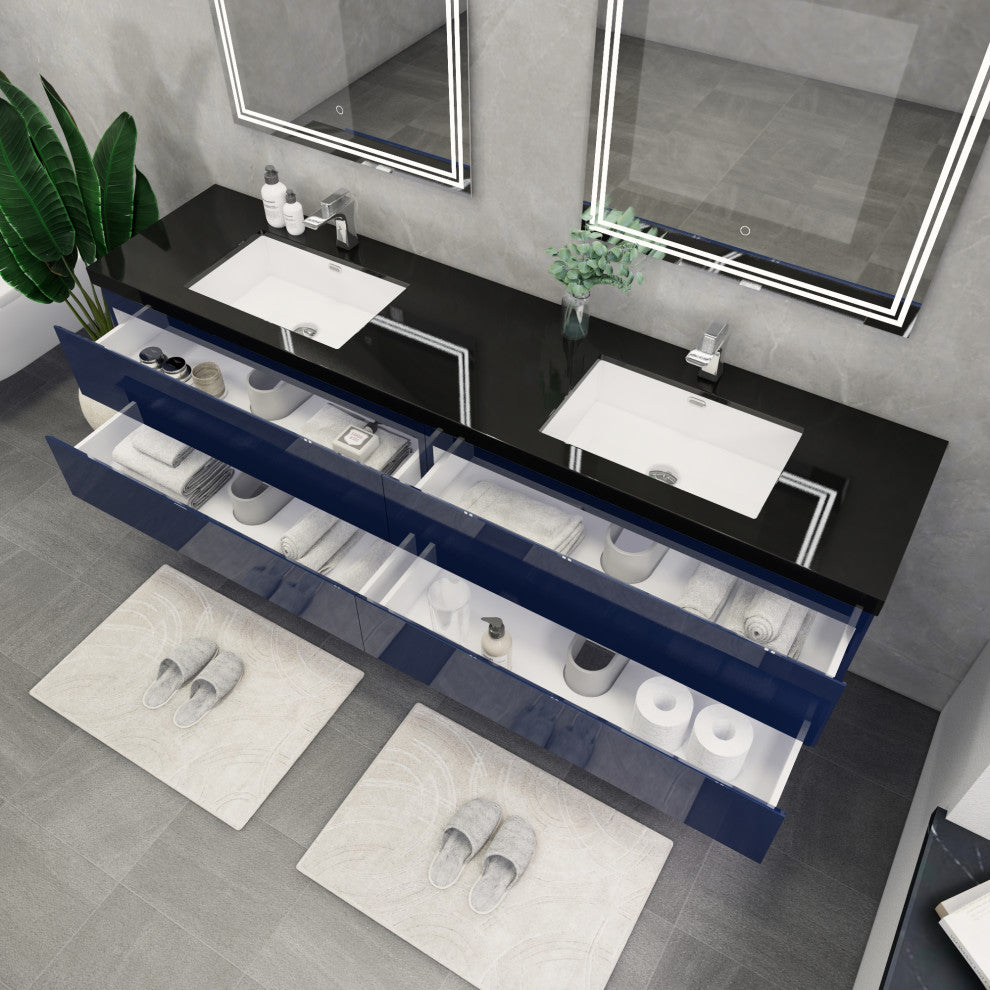 Belli 84" Double Sink Wall Mount Vanity Set, High Gloss Night Blue, Matt Black Top