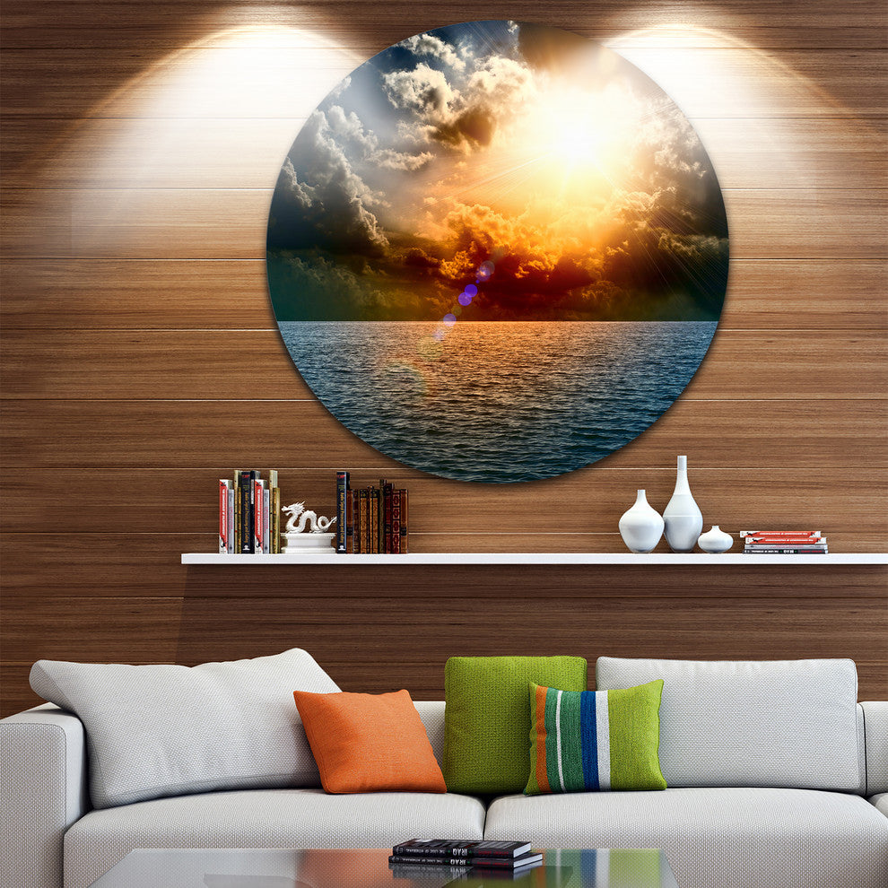 Yellow Sunset In The Middle Of Ocean, Beach Disc Metal Artwork, 36"