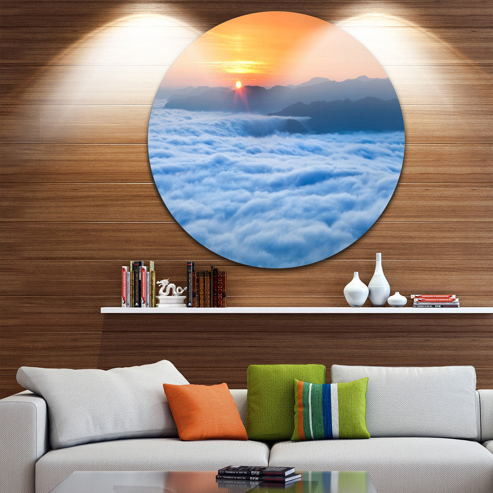 Sunrise Over Misty Sea Waters, Landscape Photo Round Metal Artwork, 11"