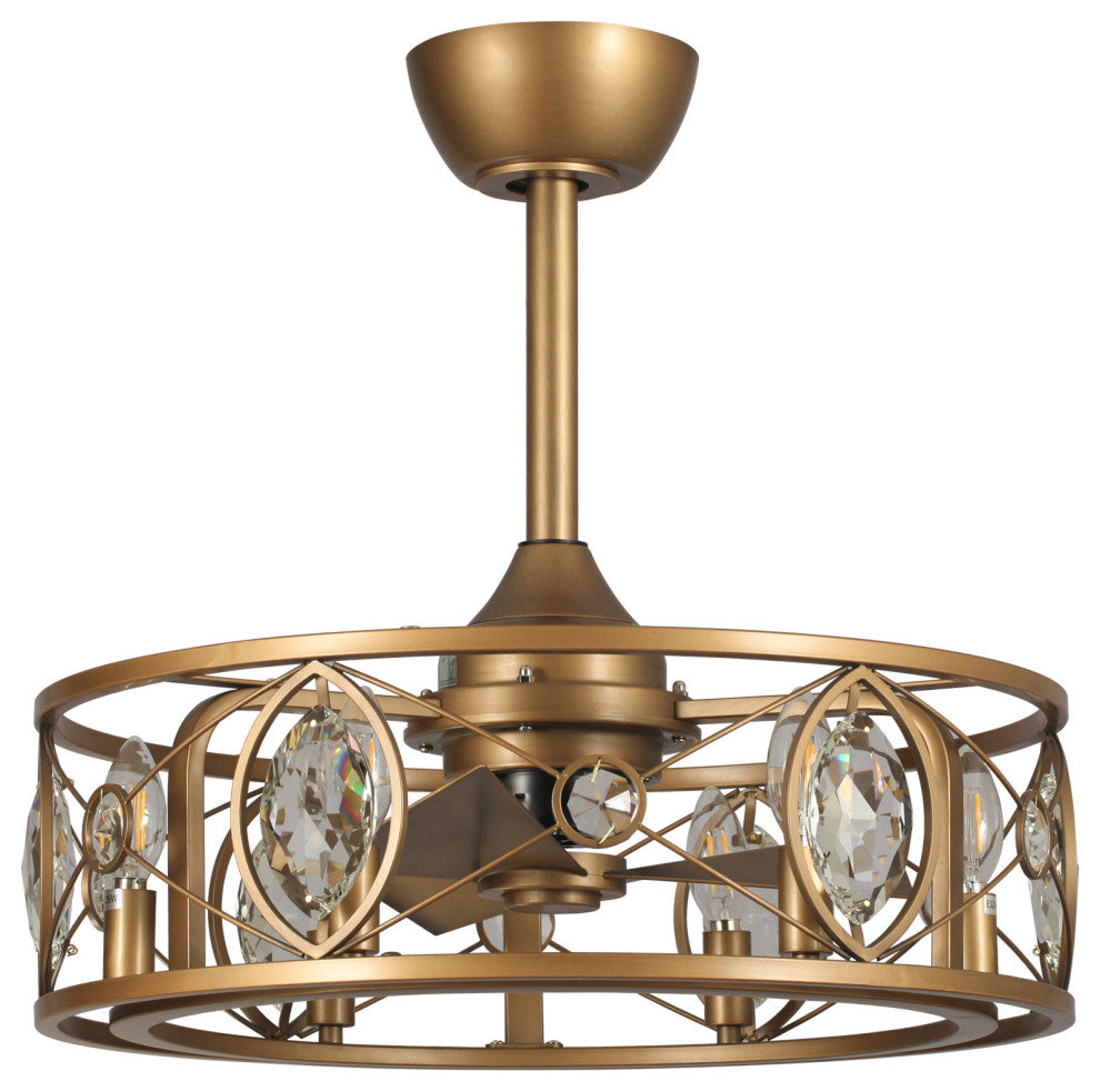 22 in Indoor Brass Gold Crystal Caged Ceiling Fan Chandelier With Remote