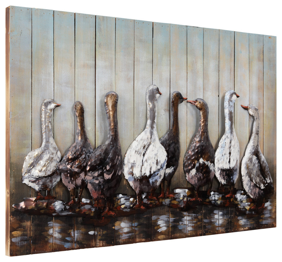 "Ducks" Handed Painted Iron Wall Sculpture on Wooden Wall Art
