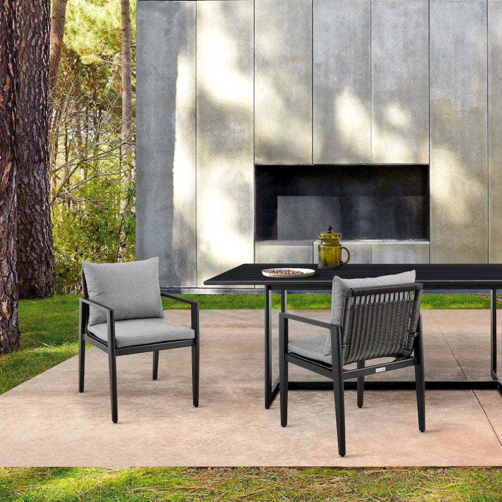 Outdoor Patio Dining Chairs with Arms in Aluminum with Gray Cushions - Set of 2