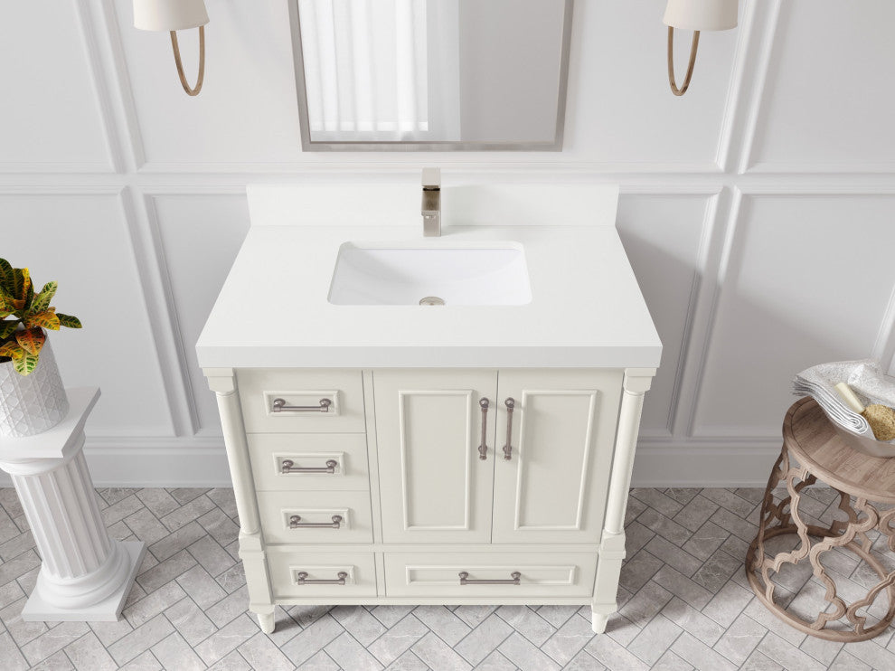 Aberdeen 36" Center Sink Bath Vanity, Alabaster 2" White Quartz