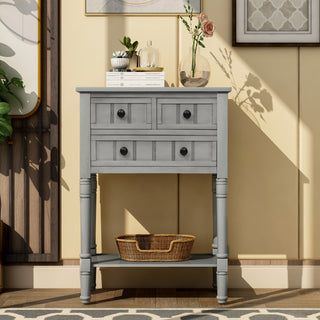 Narrow Console Table with Three Storage Drawers, Gray Wash