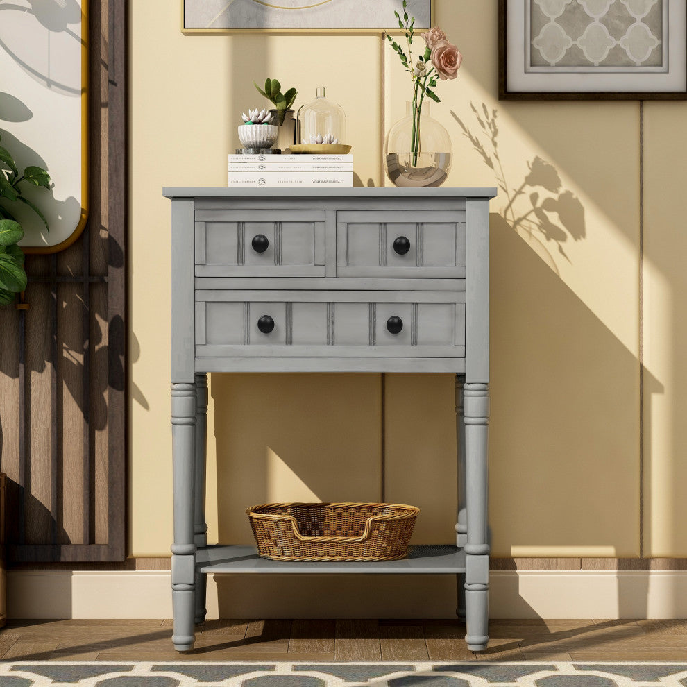 Narrow Console Table with Three Storage Drawers, Gray Wash