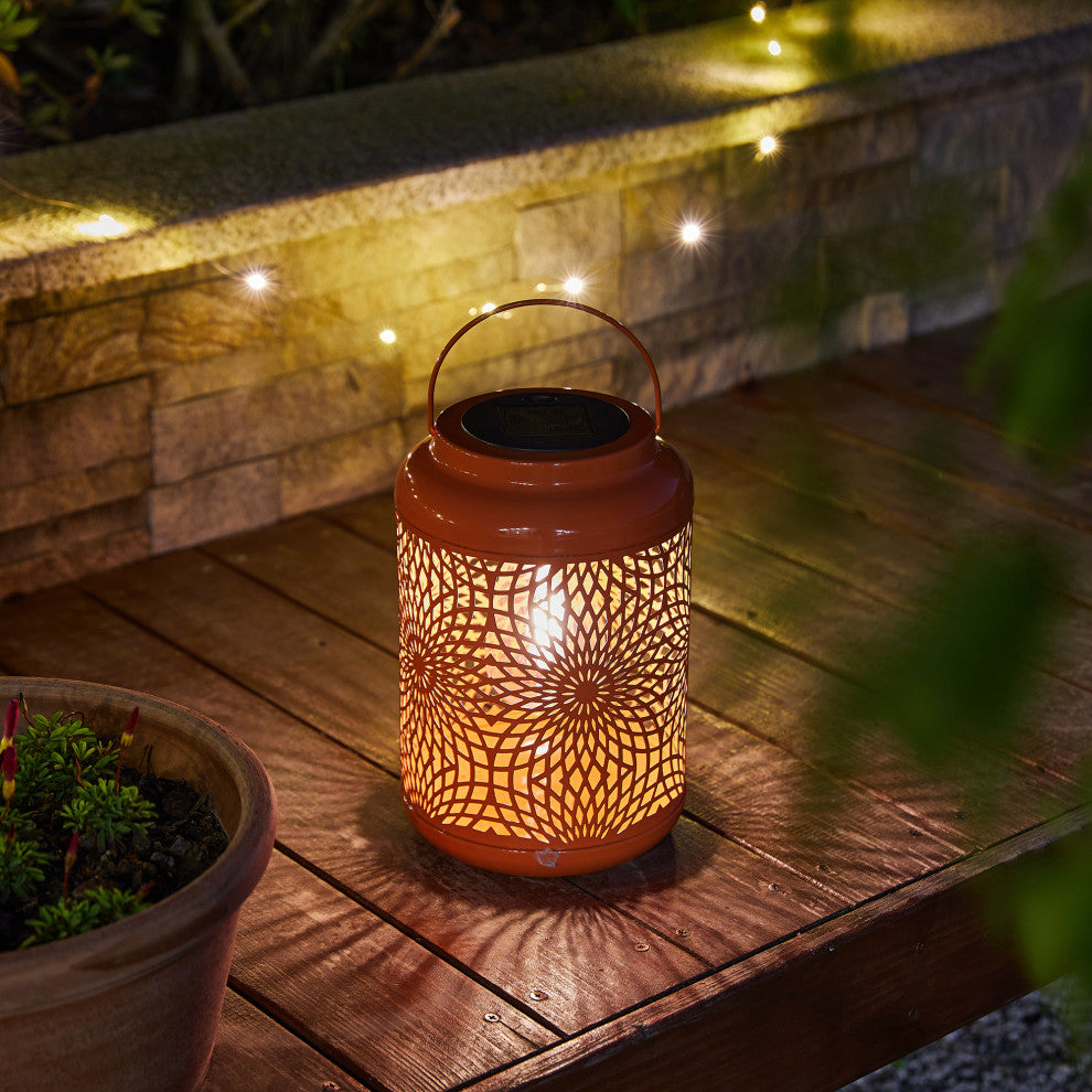 8.75"H Orange Metal Cutout Solar Powered  Lantern
