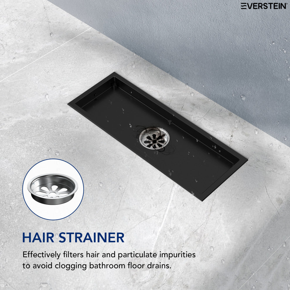 Linear Shower Drain with Hair Strainer and Reversible Tile Insert Cover, Matte Black