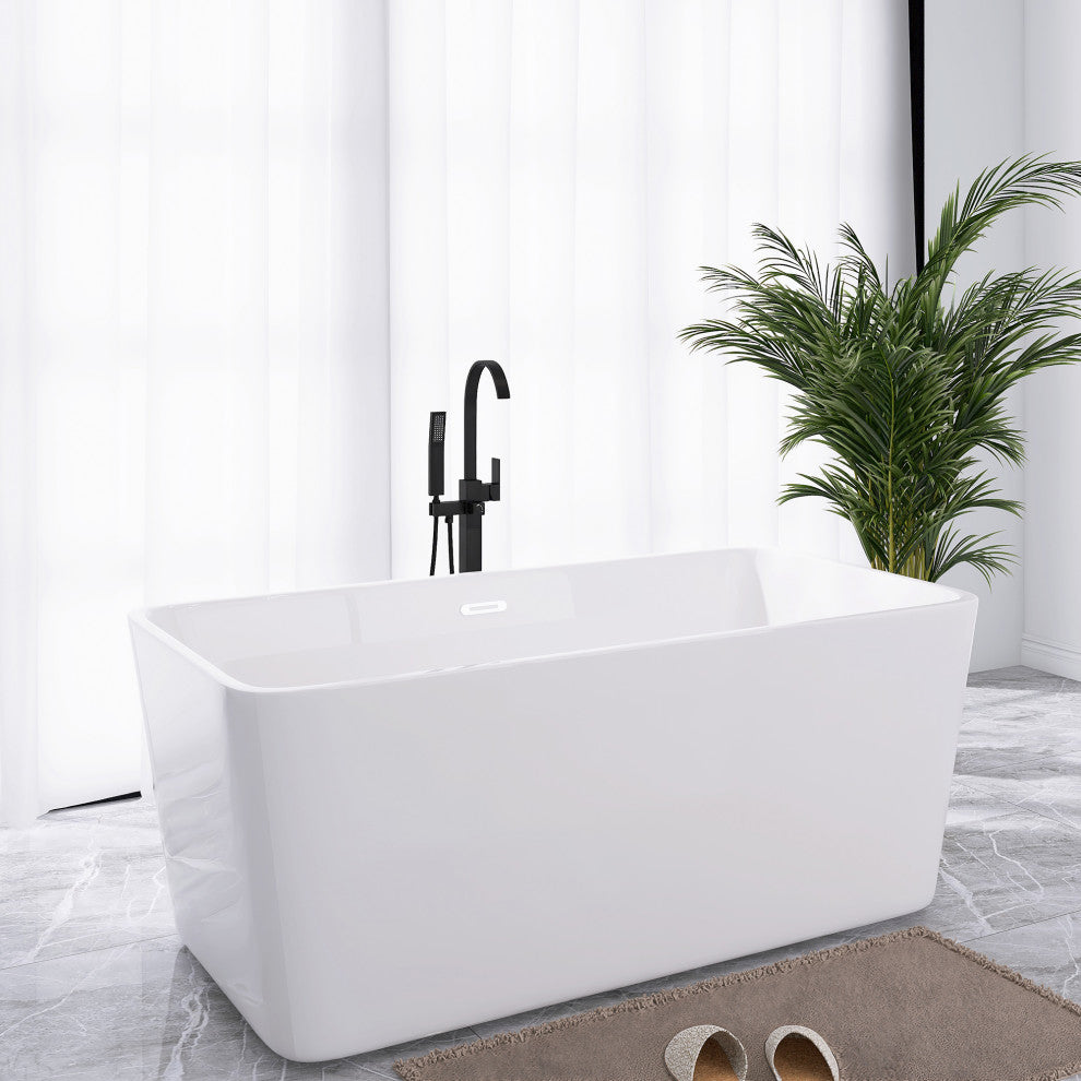 67 in. Acrylic Rectangular Flatbottom Freestanding Soaking Bathtub in White