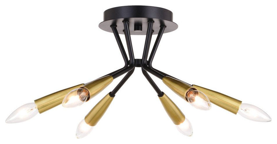 Ellis 16.25-in. 6 Light Semi-Flush Mount Matte Black and Satin Brass