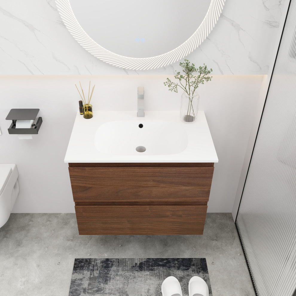Wall-Mounted Plywood Bathroom Vanity Set in Light Oak with Integrated Gel Sink, Brown Oak, 30" X 18" X 20"