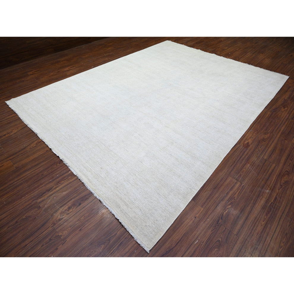 Retro White Washed Out Peshawar Wool Hand Knotted Oriental Rug, 8'9"x11'9"