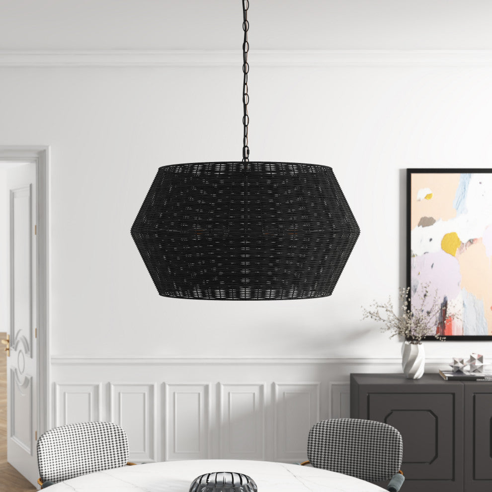 Matte Black 6-Light Natural Handwoven Rattan Pendant Light