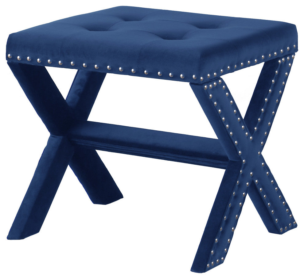 Seward Velvet Accent Bench With Silver Nail Heads, Navy Blue
