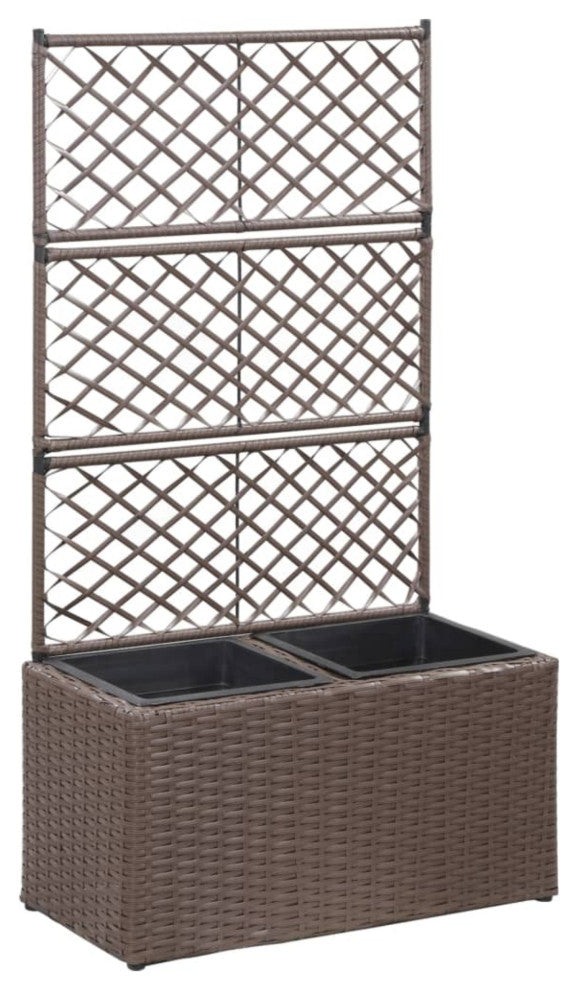 Vidaxl Trellis Raised Bed With 2 Pots 22.8"x11.8"x42.1" Poly Rattan Brown