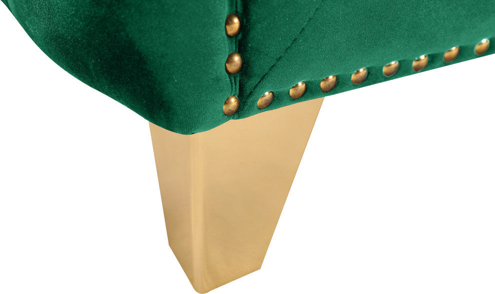 Michelle Fabric Upholstered Chair, Gold Iron Legs, Green, Velvet, Loveseat