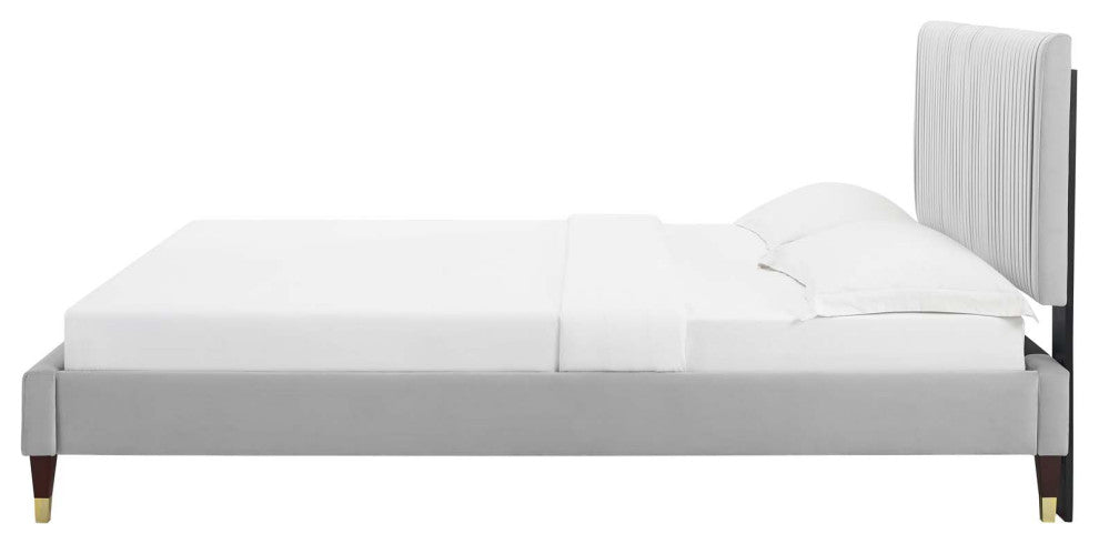 Platform Bed Frame, Twin Size, Velvet, Light Grey Gray, Modern Contemporary