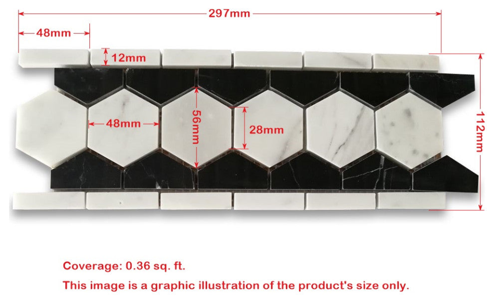 Carrara Marble 2" Hexagon Mosaic Border Listello White Black Polished, 1 sheet