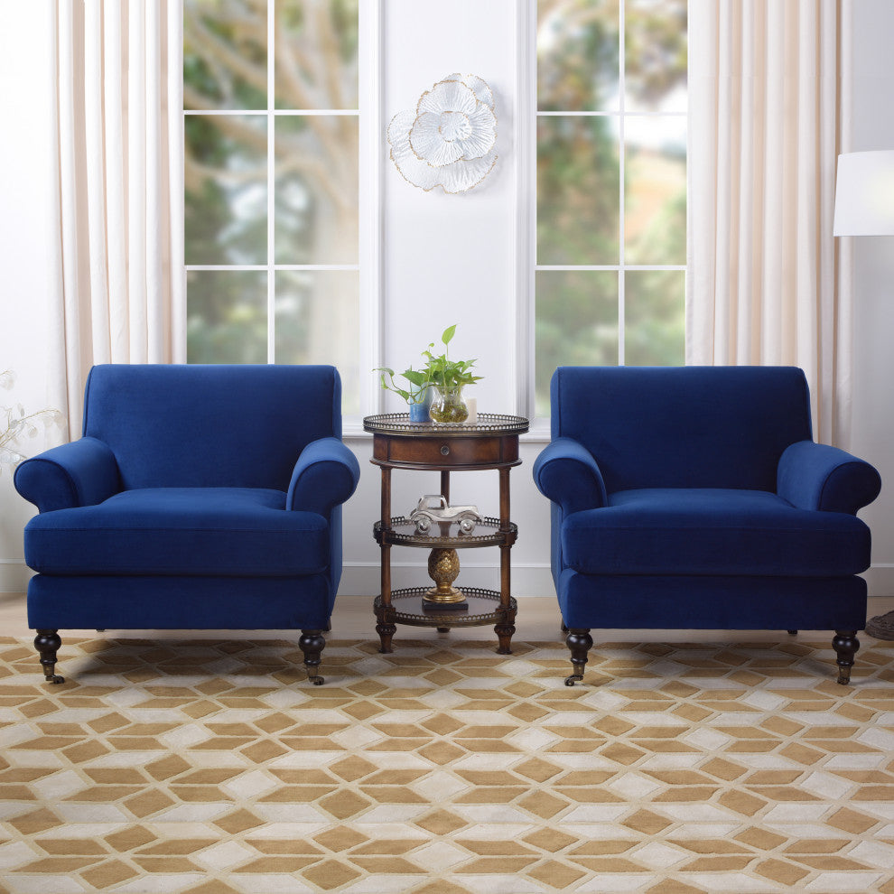 Alana 38" Lawson Accent Arm Chair, Metal Casters, Navy Blue Velvet