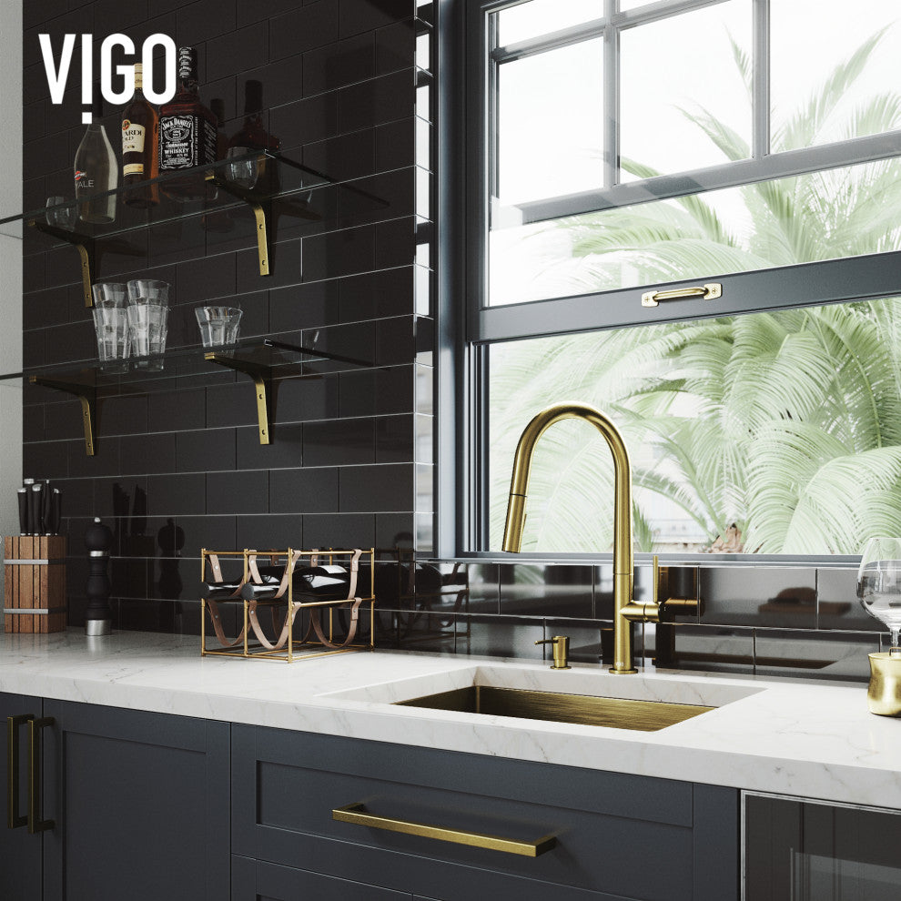 VIGO Greenwich 18" H Single Handle Pull-Down Sprayer Kitchen Faucet, Matte Brushed Gold, No Sensor, With Soap Dispenser