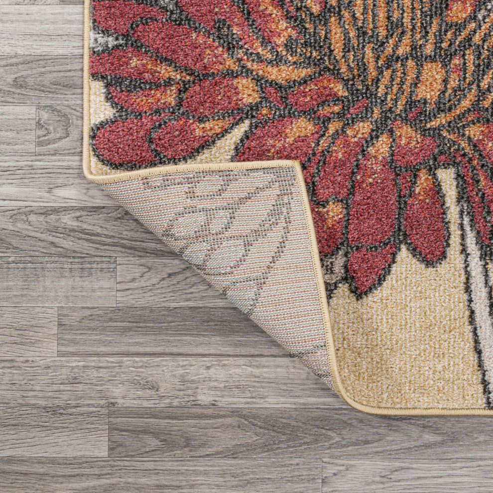 Dizi Modern Botanical Wildflower Area Rug, Yellow/Ivory/Red, 8x10