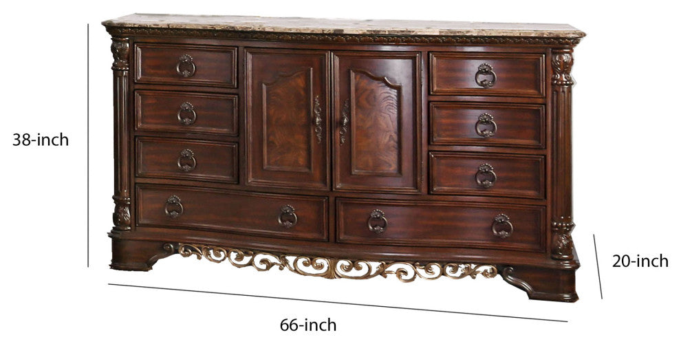 8 Drawer Wooden Dresser with 2 Door Cabinet and Marble Top, Brown