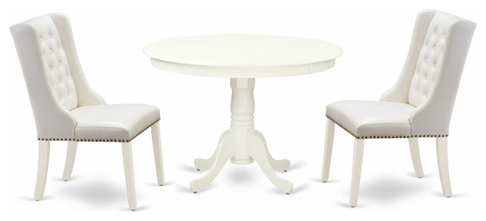 3Pc Kitchen Set, 1 Pedestal Table, 2 Light Grey Parson Chairs, Linen White