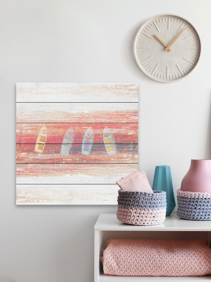 "Four Small Boats" Painting Print on White Wood, 40"x40"