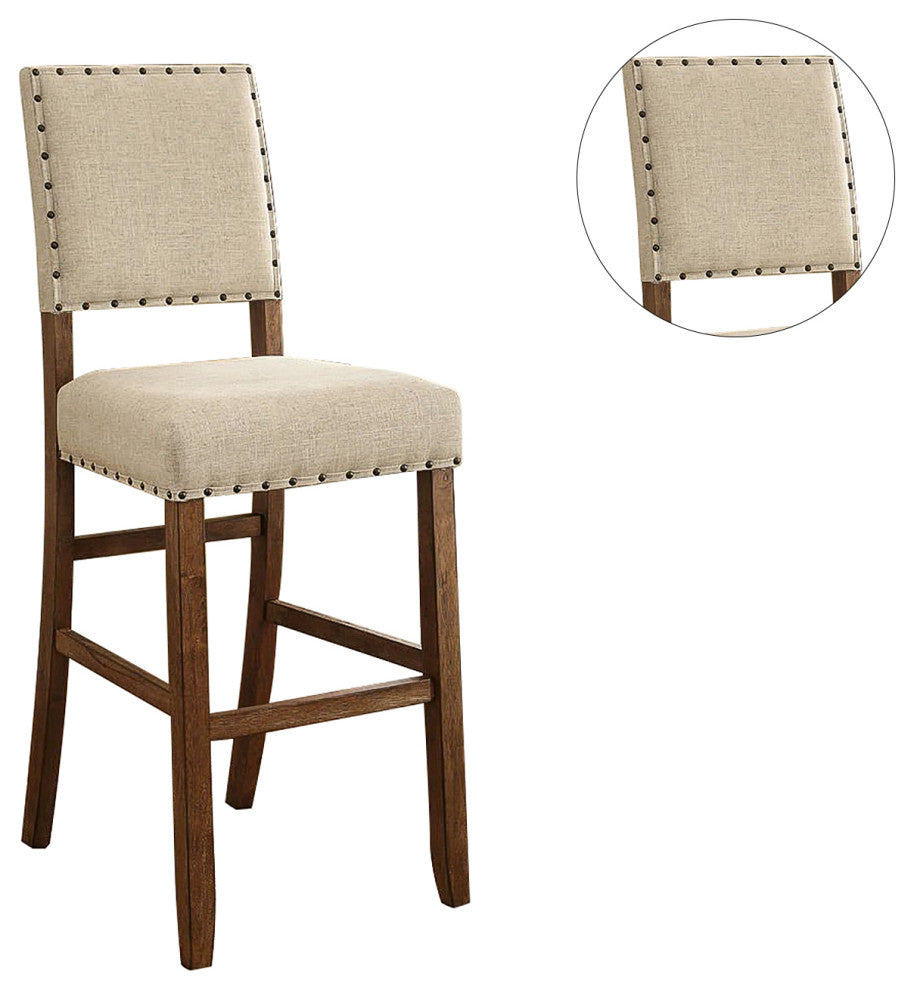 Set of 2 Fabric Upholstered Bar Chair, Beige and Rustic Oak