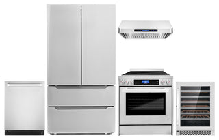 5-Piece, 30" Range and Range Hood, Dishwasher, Refrigerator and Wine Cooler