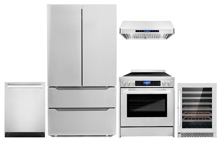 5-Piece, 30" Range and Range Hood, Dishwasher, Refrigerator and Wine Cooler