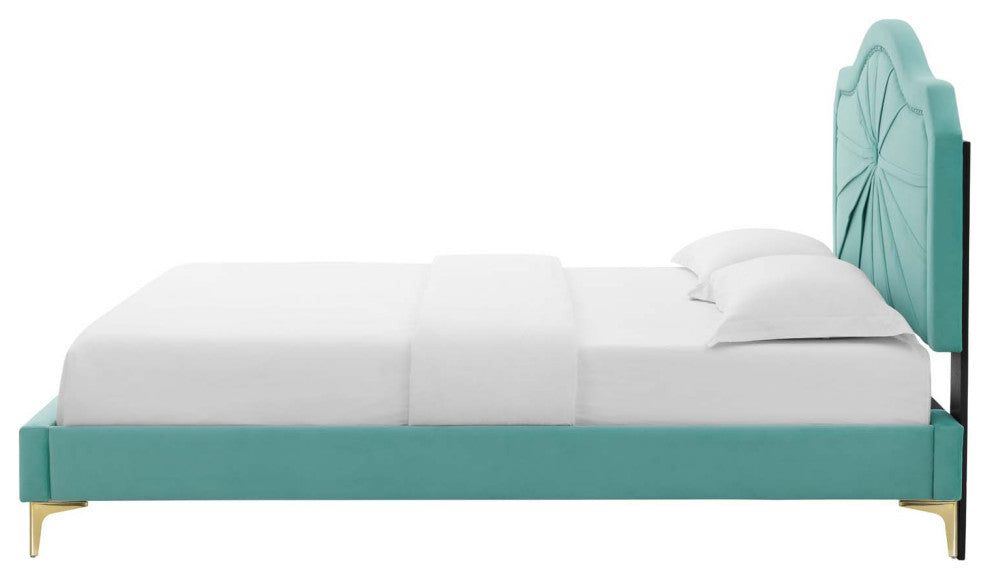 Platform Bed Frame, Full Size, Velvet, Blue, Modern Contemporary, Bedroom Master